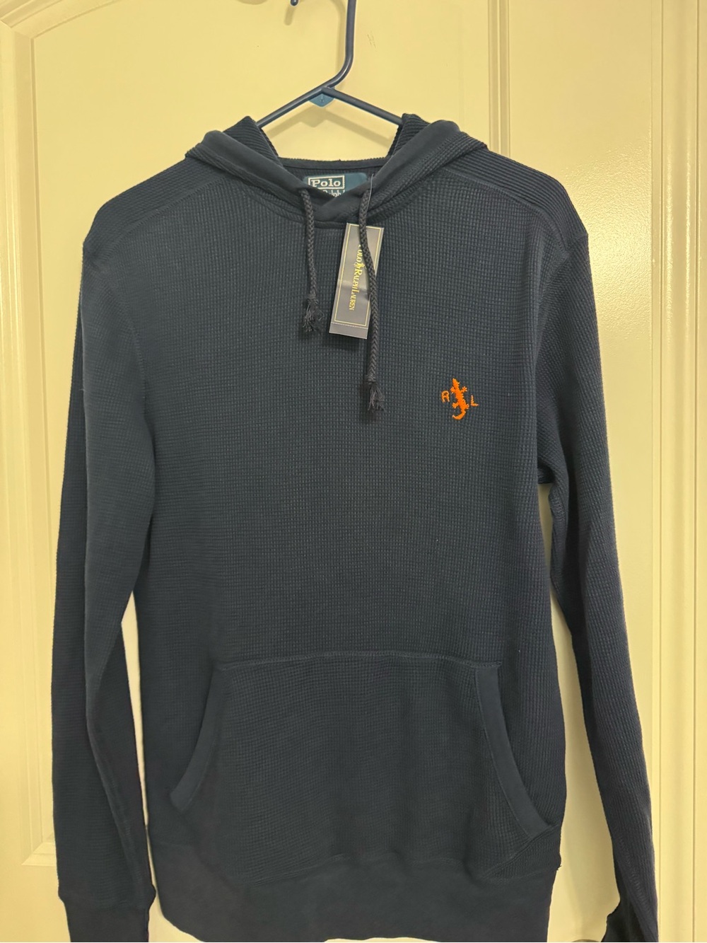 Ralph Lauren Navy Hooded Waffle-Knit Pullover with Orange Logo
